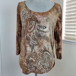Dressbarn Brown Embellished Paisley Shirt Petite Large